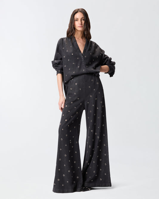 Dark denim blouse with eyelets