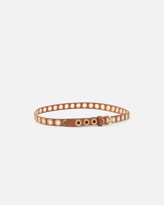 Leather belt with jewel eyelets, 2cm