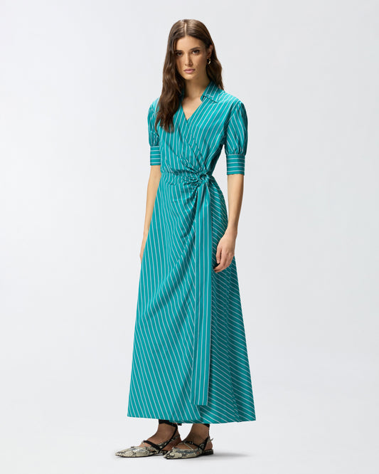 Long wrap dress with striped pattern