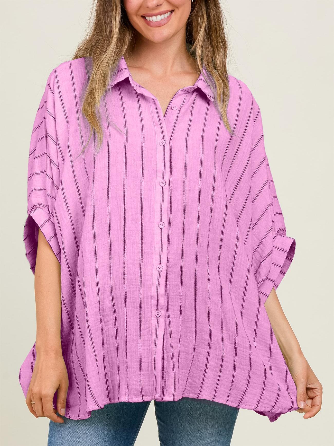 Damen Oversized Gestreiftes Button-Down-Oberteil (2 kaufen, kostenloser Versand)