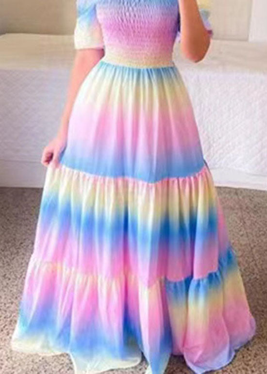 Wunderschönes lila schulterfreies, geknittertes Patchwork-Baumwollkleid für den Sommer