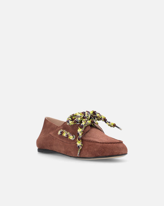 Suede moccasins with multicoloured laces
