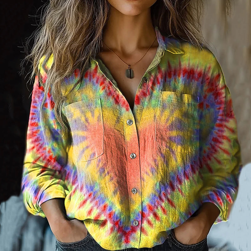 Damen Retro Buntes Herz Batik Print Shirt