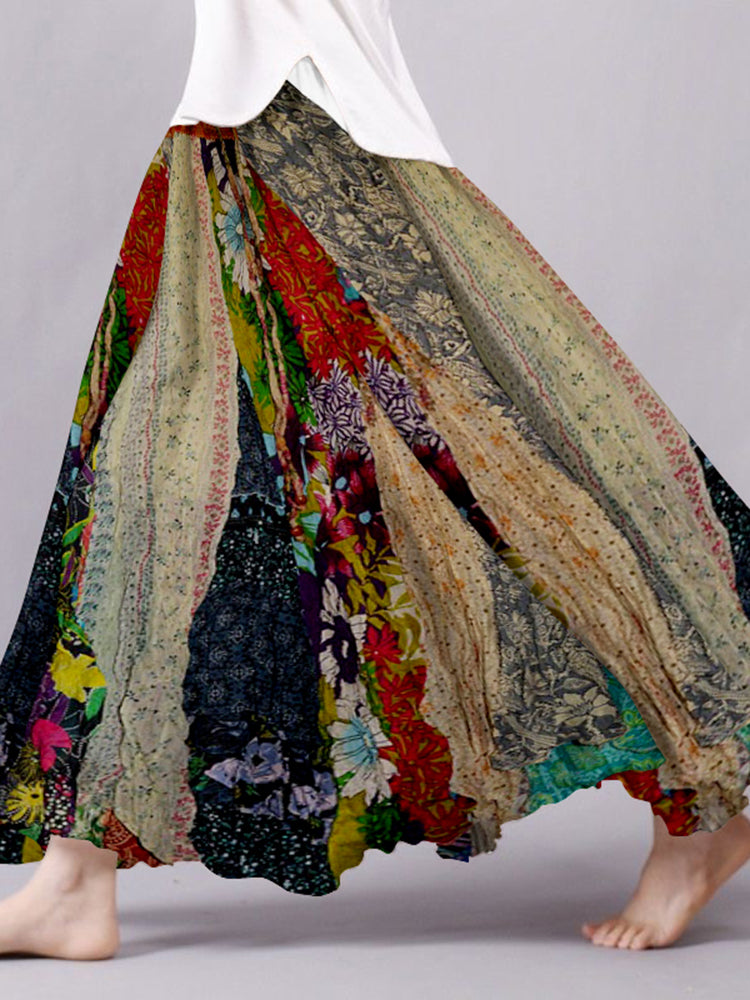 Vintage Boho Patchwork Flowy Linen Blend Wide Skirt