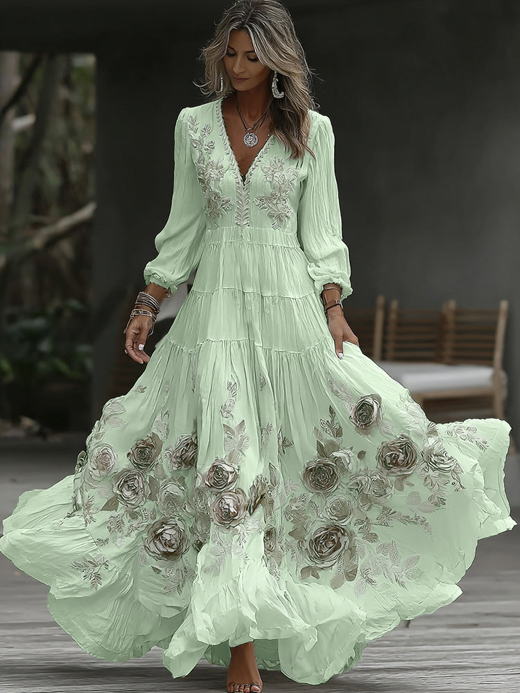 Damen Vintage Rose Stickerei Kunst V-Ausschnitt Freizeit Langarm Maxikleid