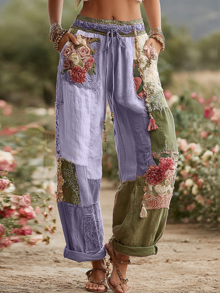 Love & Health Kollektion Retro-Rosen- und Blumen-Patchwork-Leinenhose