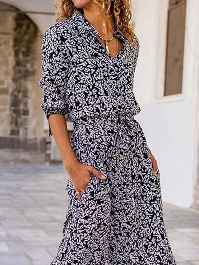 Damen Hemdblusenkleid Blumenmuster Taschenaufdruck Hemdkragen Langes Kleid Maxikleid Böhmisch Alltag Urlaub Langarm Sommer