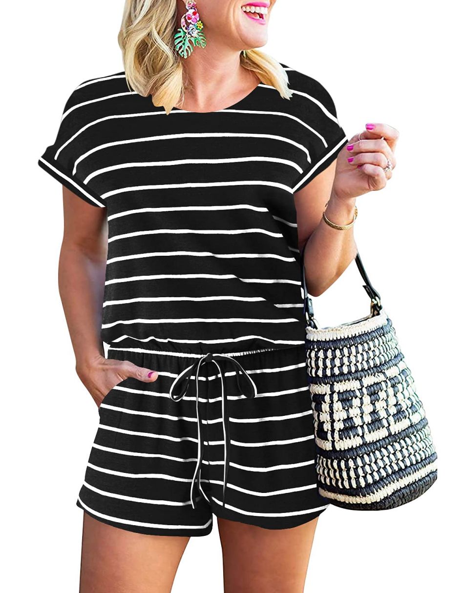 ANRABESS Kurzarm-Jumpsuit mit Streifen, Taschen, kurzer Hose, Schlafanzug, Loungewear