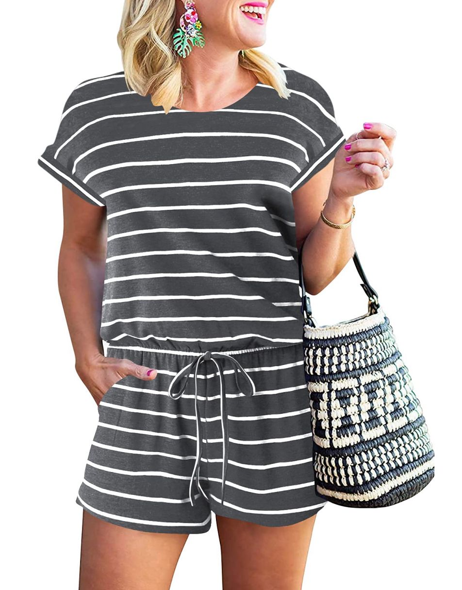ANRABESS Kurzarm-Jumpsuit mit Streifen, Taschen, kurzer Hose, Schlafanzug, Loungewear