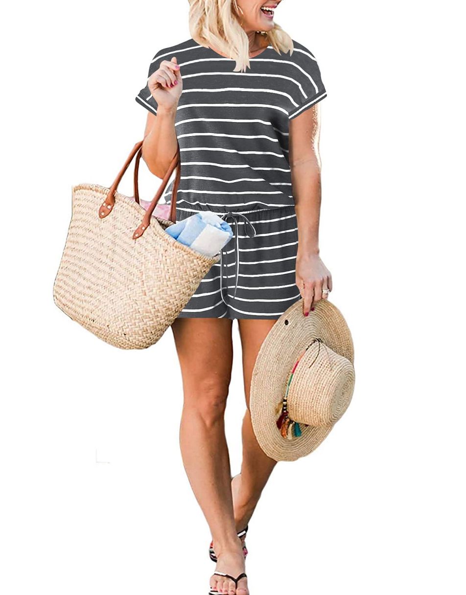 ANRABESS Kurzarm-Jumpsuit mit Streifen, Taschen, kurzer Hose, Schlafanzug, Loungewear