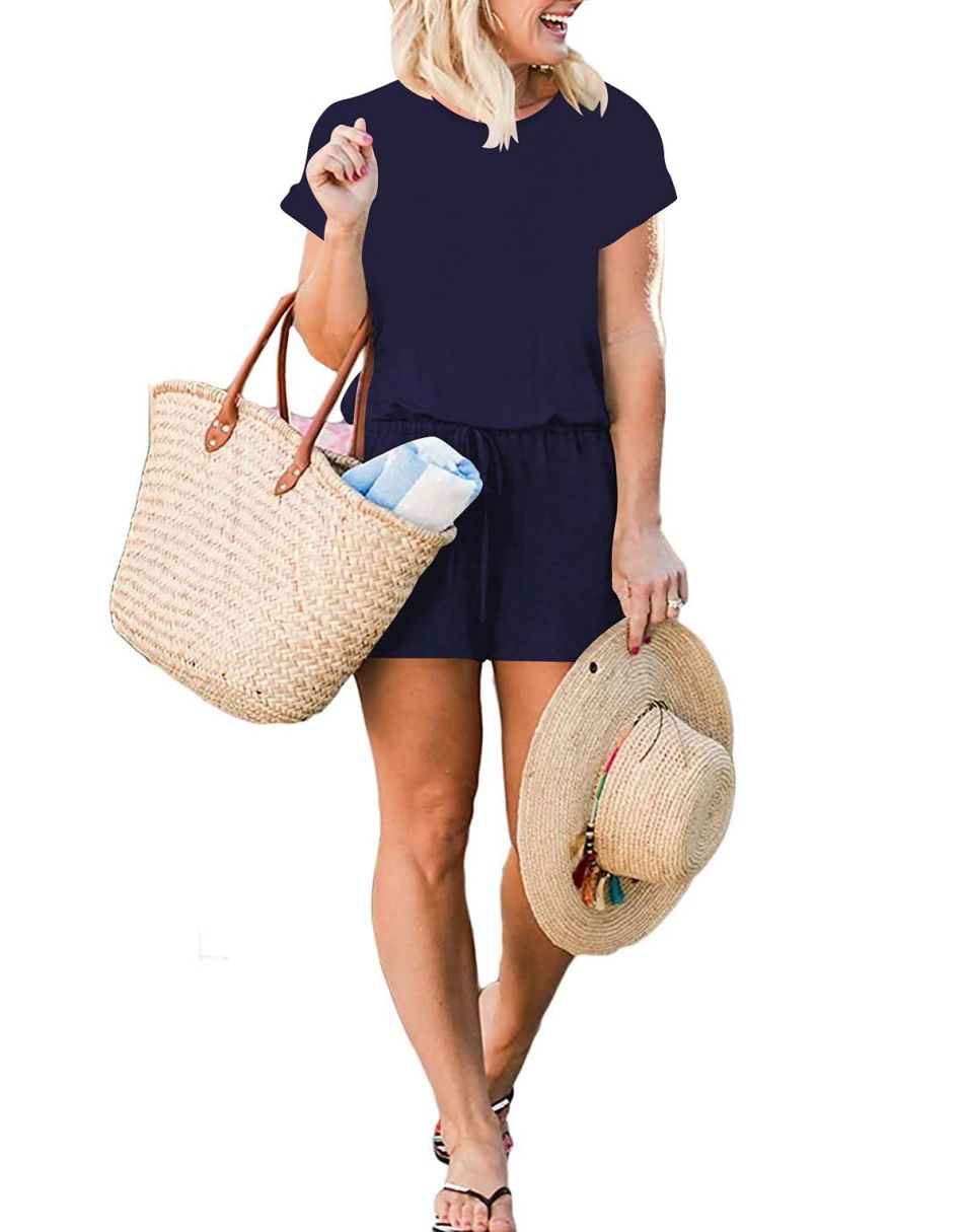 ANRABESS Kurzarm-Jumpsuit mit Streifen, Taschen, kurzer Hose, Schlafanzug, Loungewear