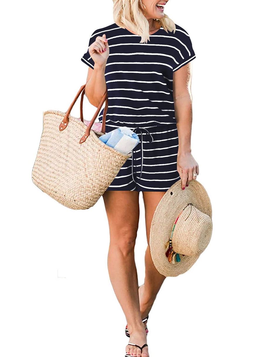ANRABESS Kurzarm-Jumpsuit mit Streifen, Taschen, kurzer Hose, Schlafanzug, Loungewear