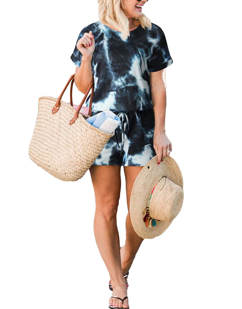 ANRABESS Kurzarm-Jumpsuit mit Streifen, Taschen, kurzer Hose, Schlafanzug, Loungewear