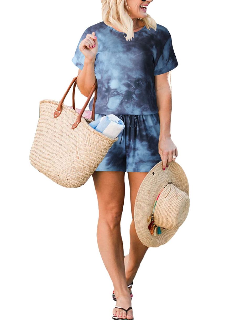 ANRABESS Kurzarm-Jumpsuit mit Streifen, Taschen, kurzer Hose, Schlafanzug, Loungewear