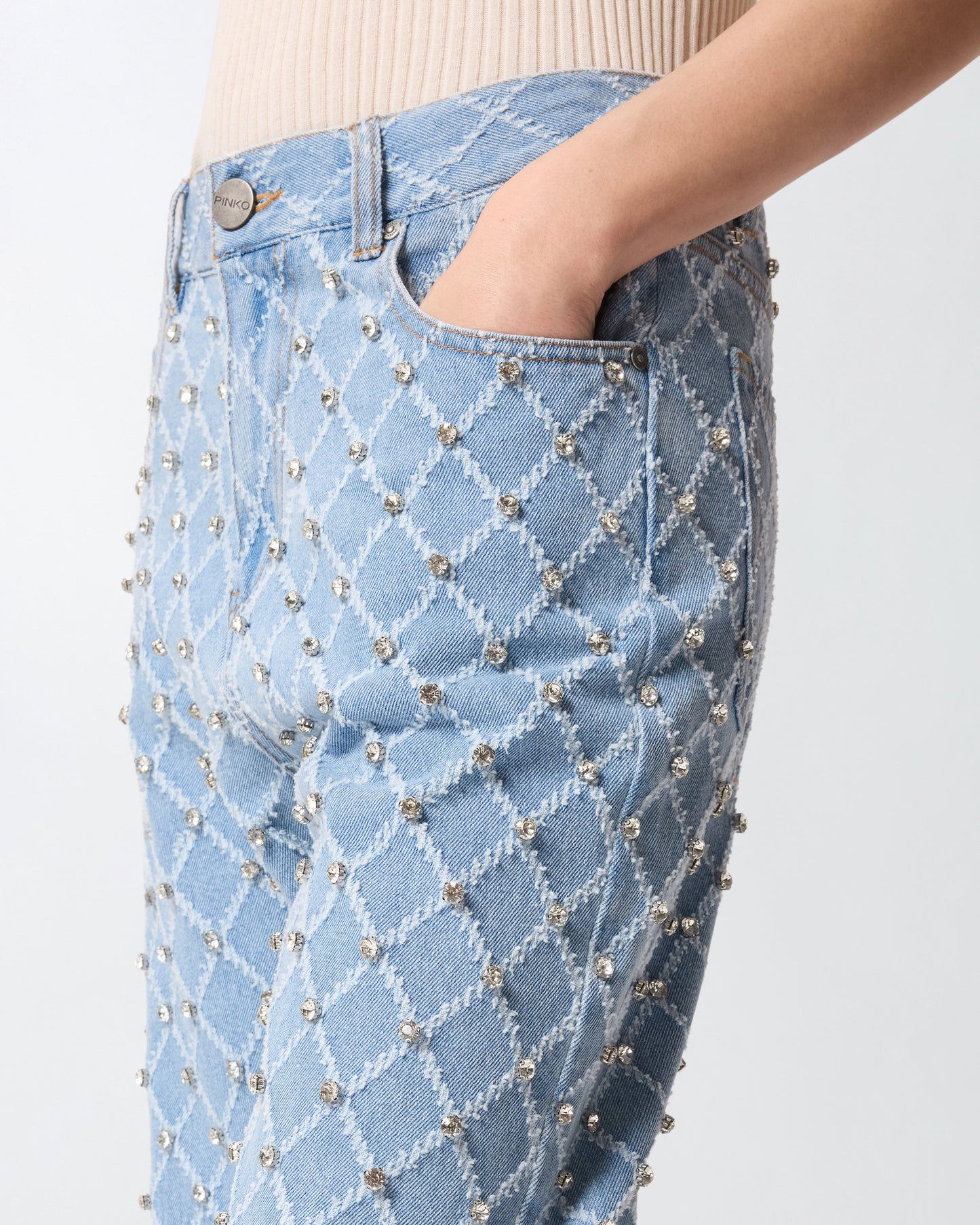 Wide-leg jeans with diamond and rhinestone motif