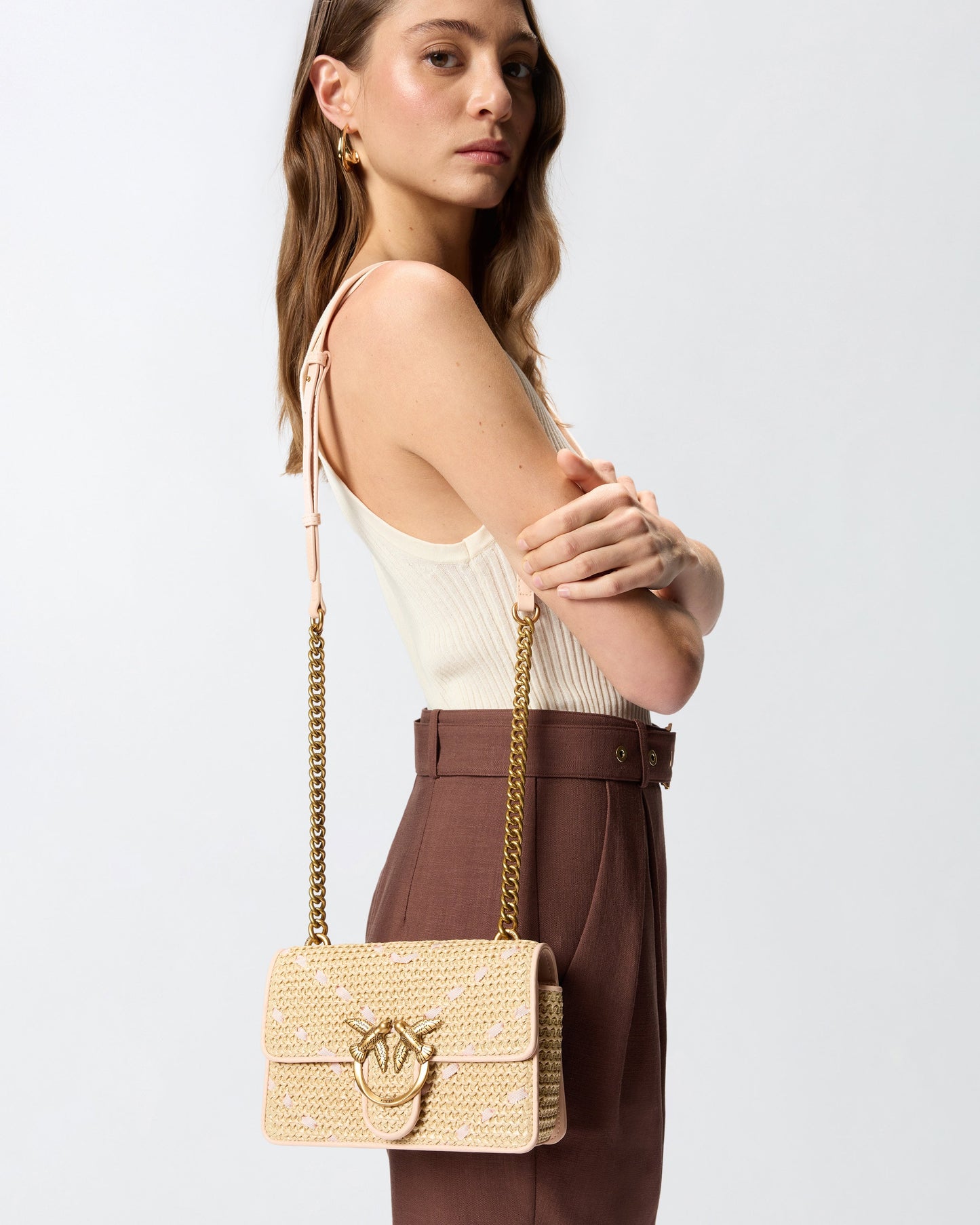 Mini Love Bag One Light small handbag in chevron raffia and leather