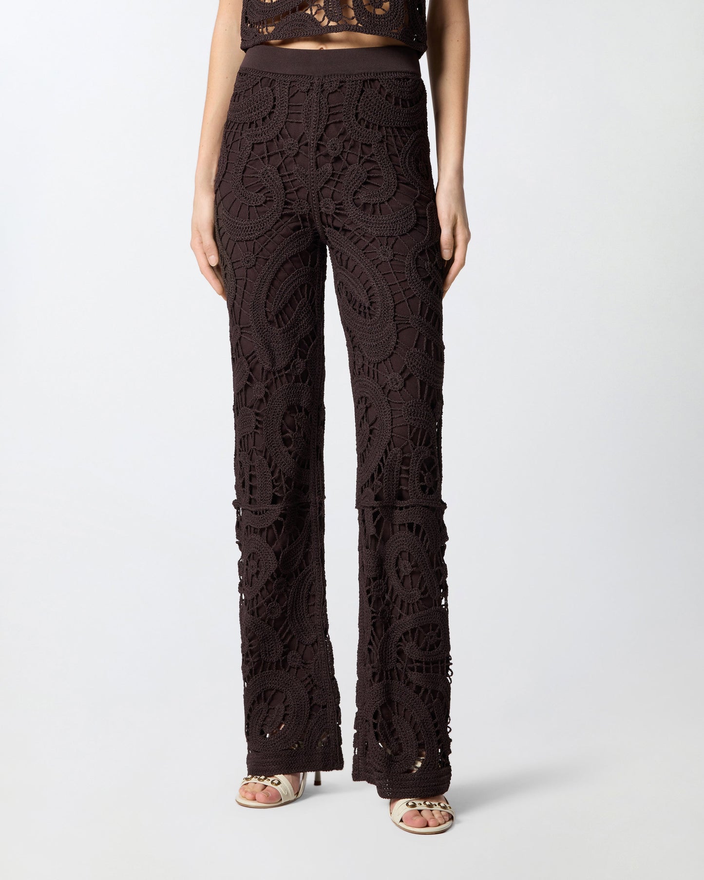 Geometric crocheted trousers