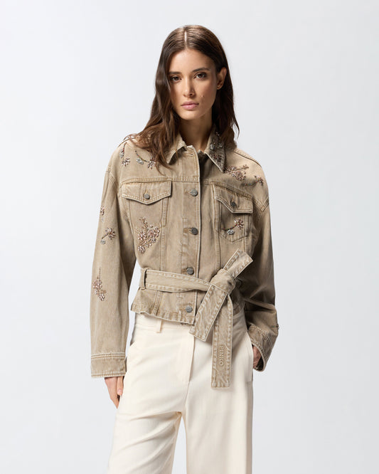 Brown denim jacket with jewel embroidery