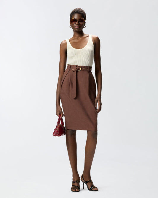 Slim-fitting calf-length skirt with belt
