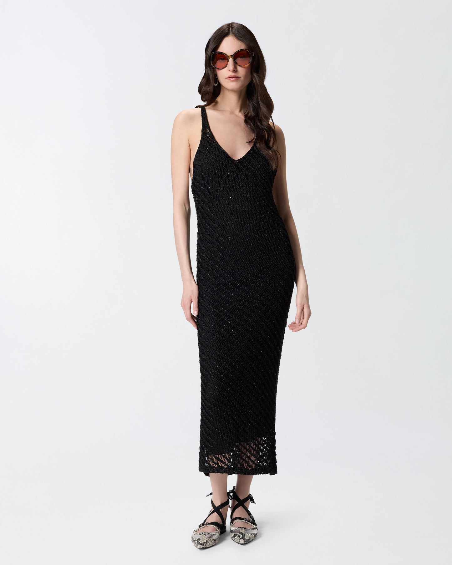Crochet-effect midi dress with sequins
