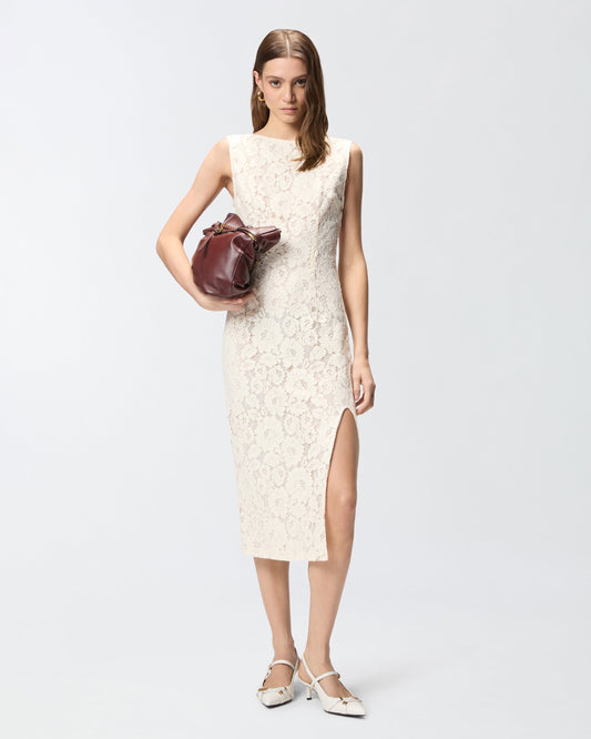 Floral lace dress with plunging rear neckline