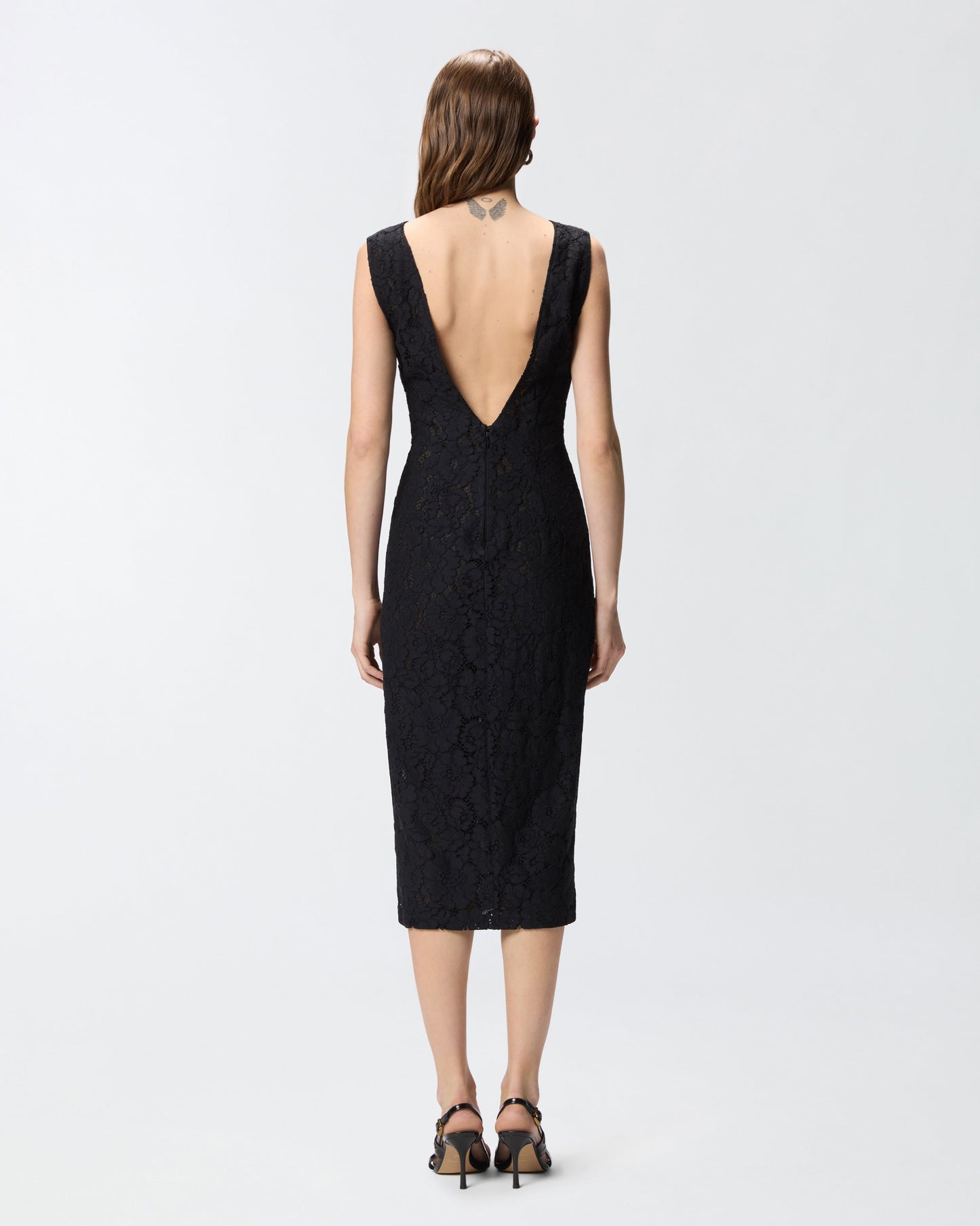 Floral lace dress with plunging rear neckline