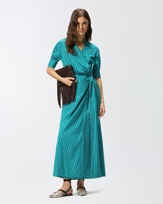 Long wrap dress with striped pattern