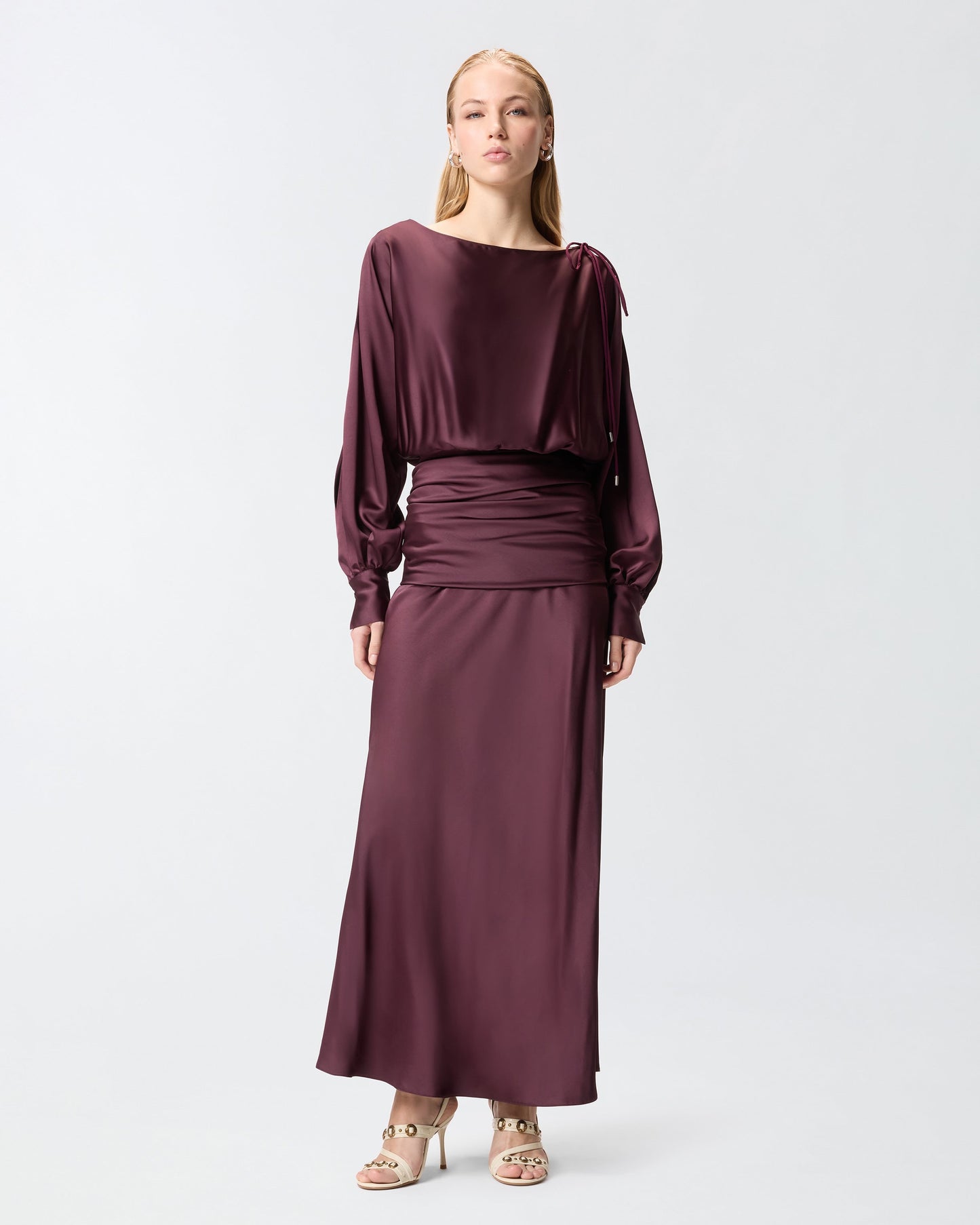 Long satin dress with draping