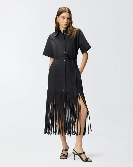 Long shirt dress with fringing and metallic details