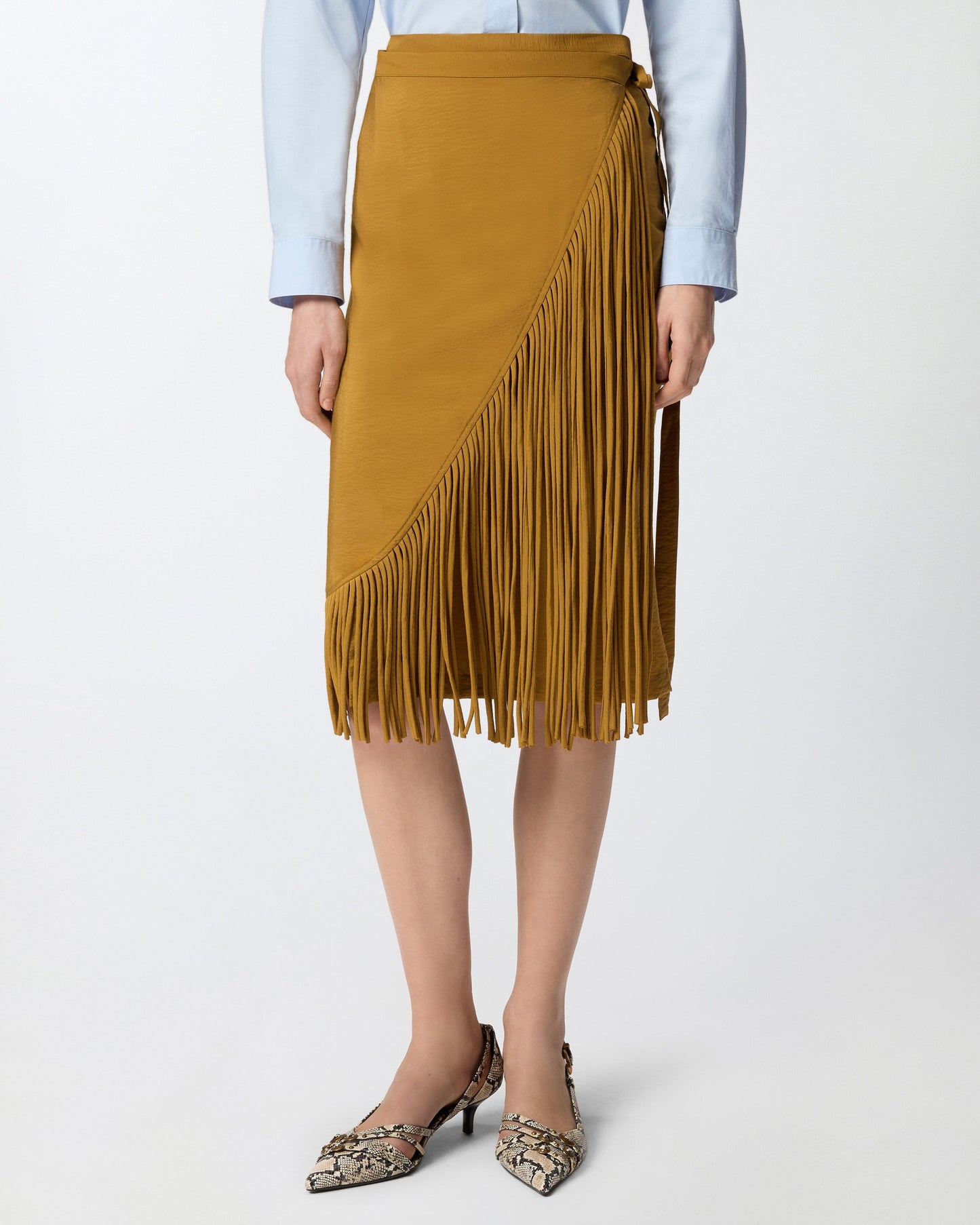 Calf-length wrap skirt with fringing