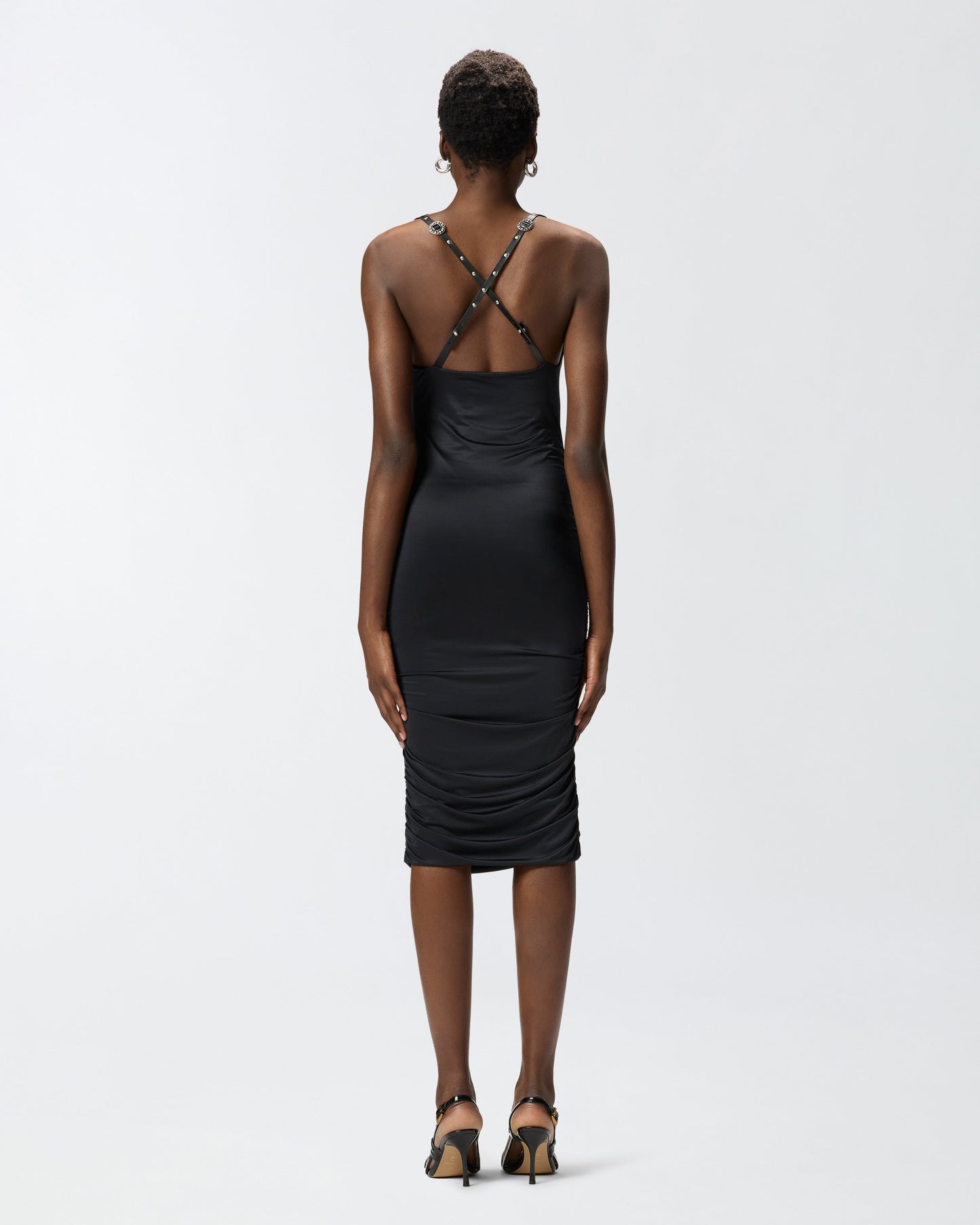 Shiny midi dress with crossed shoulder straps