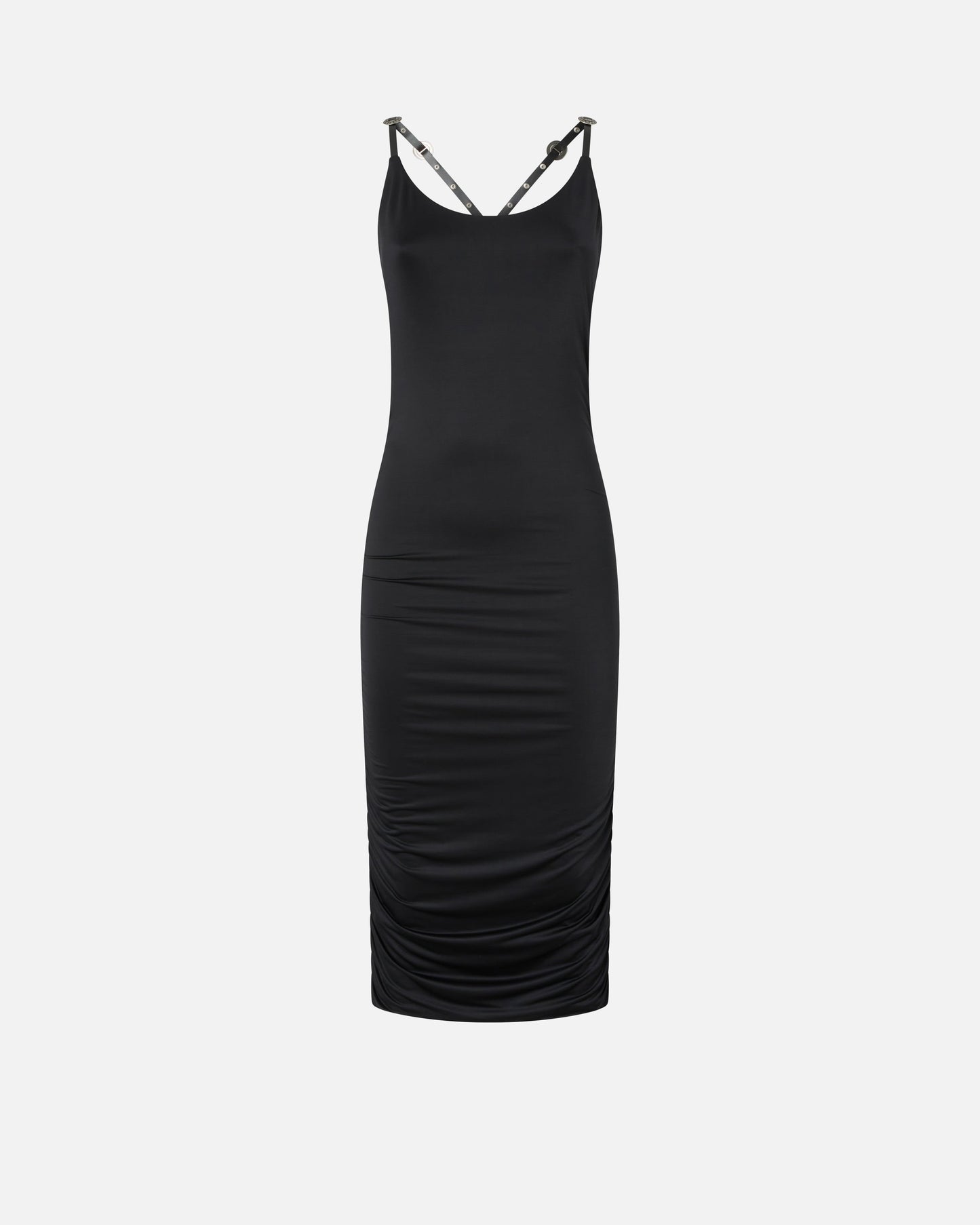 Shiny midi dress with crossed shoulder straps