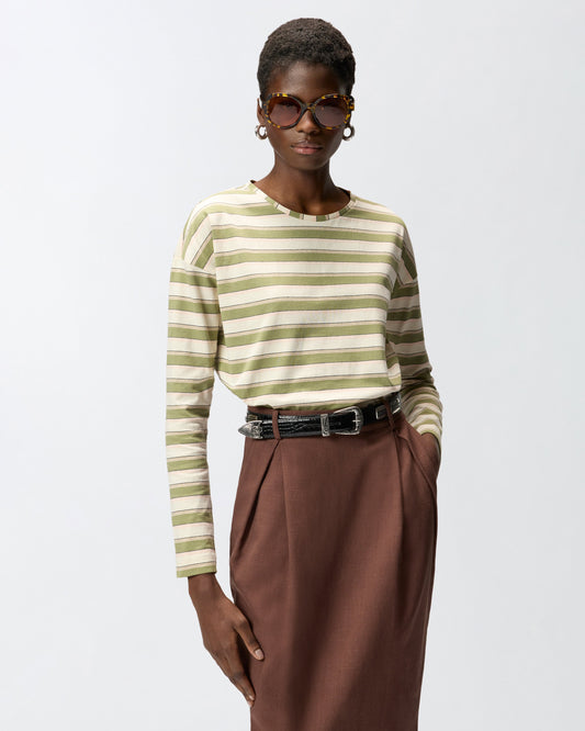 Striped jersey top with structured collar