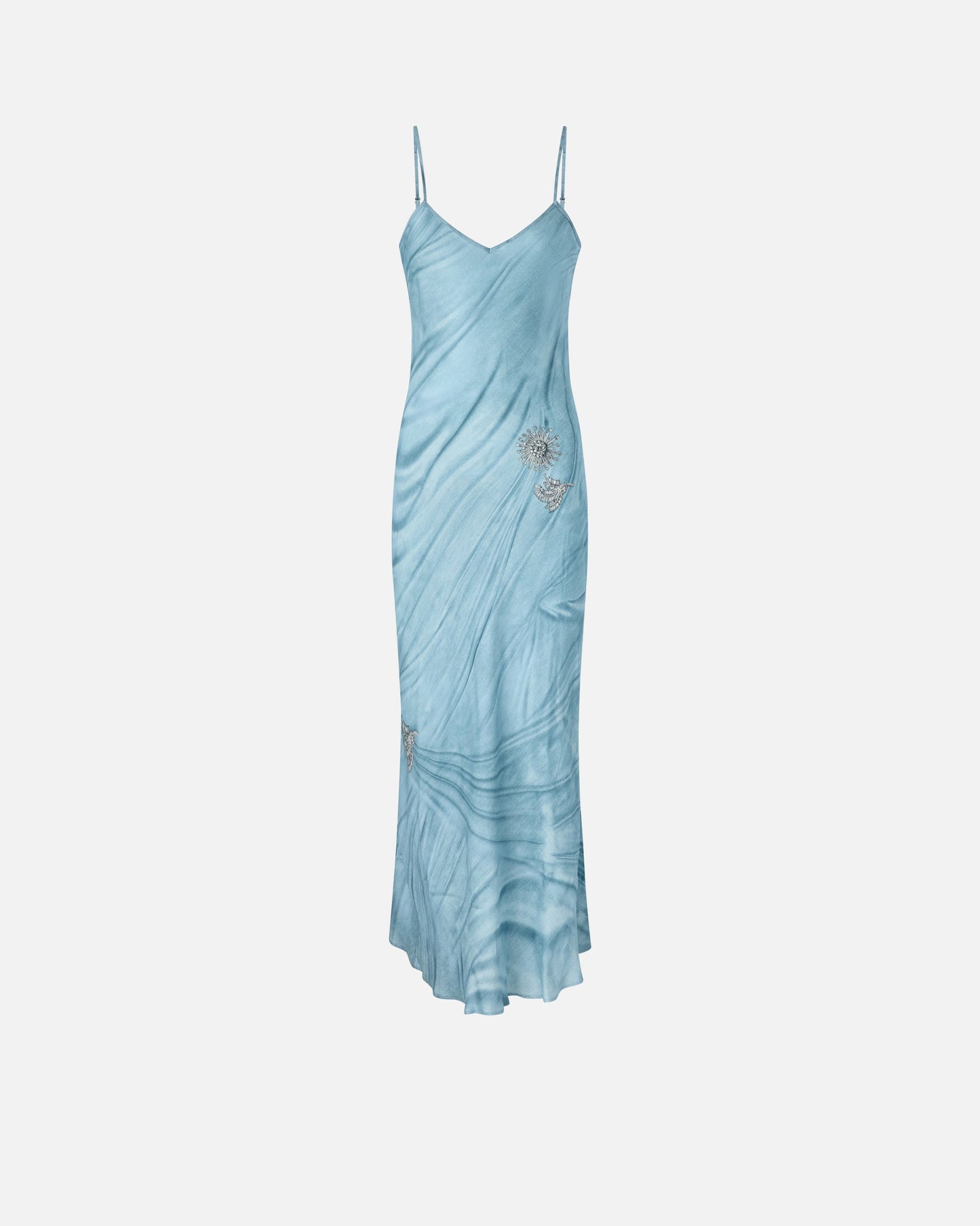 Fluid slip dress with placed jewel print