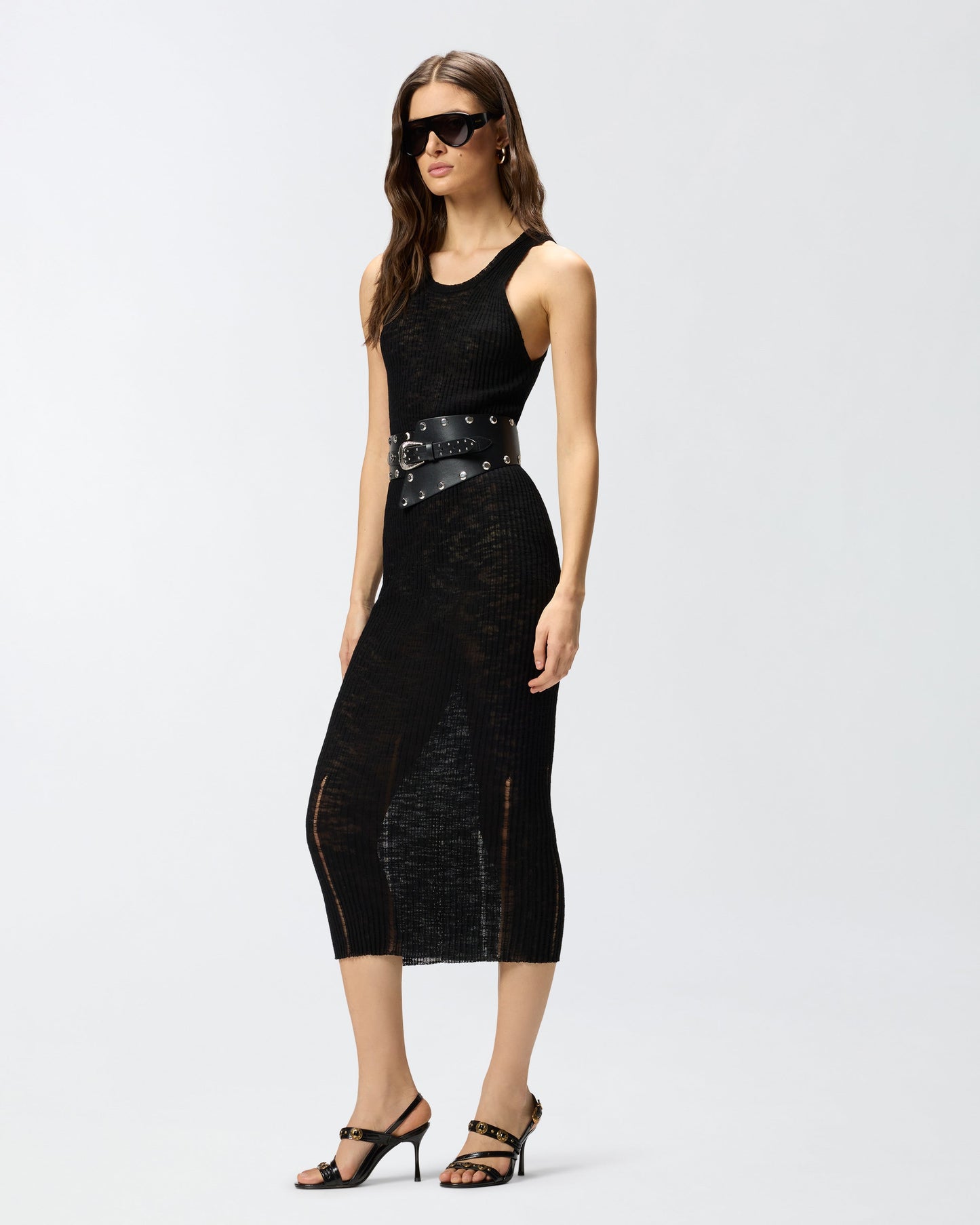 Ribbed slim-fit midi dress with rips