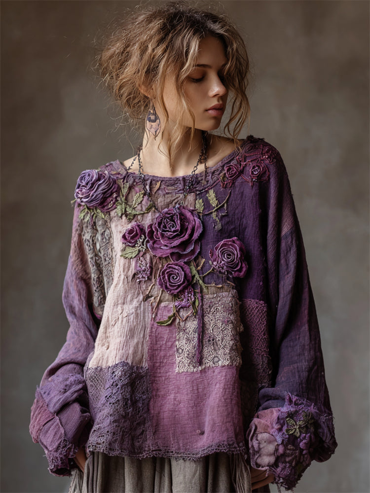 Vintage lila Rosen Boho Spitze Patchwork Leinen Tunika