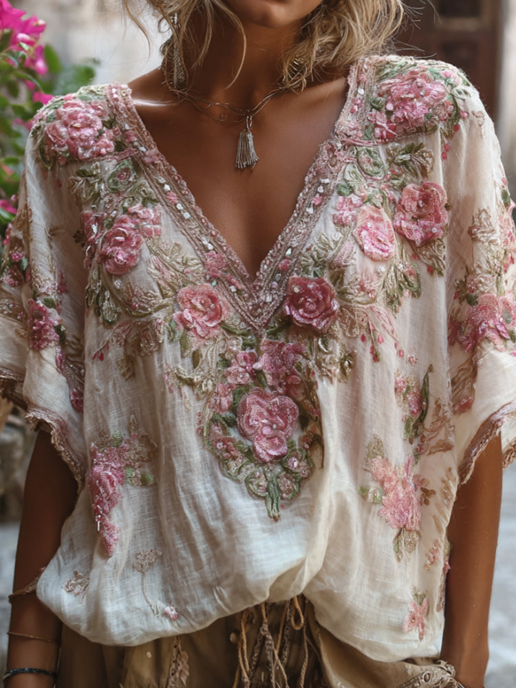 Boho-Shirt mit rosafarbener Blumenstickerei, V-Ausschnitt, kurzen Ärmeln und Pailletten