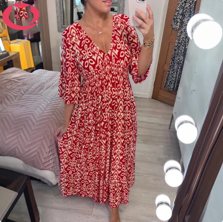 Böhmisches lässiges V-Ausschnitt-Wickelkleid mit Print und langer Taille