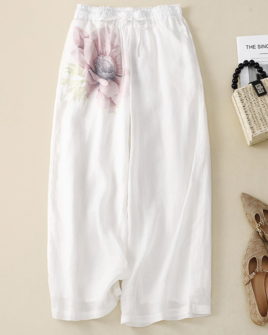 Baumwoll-Leinen-Hose mit platziertem Print und lässigem Temperament