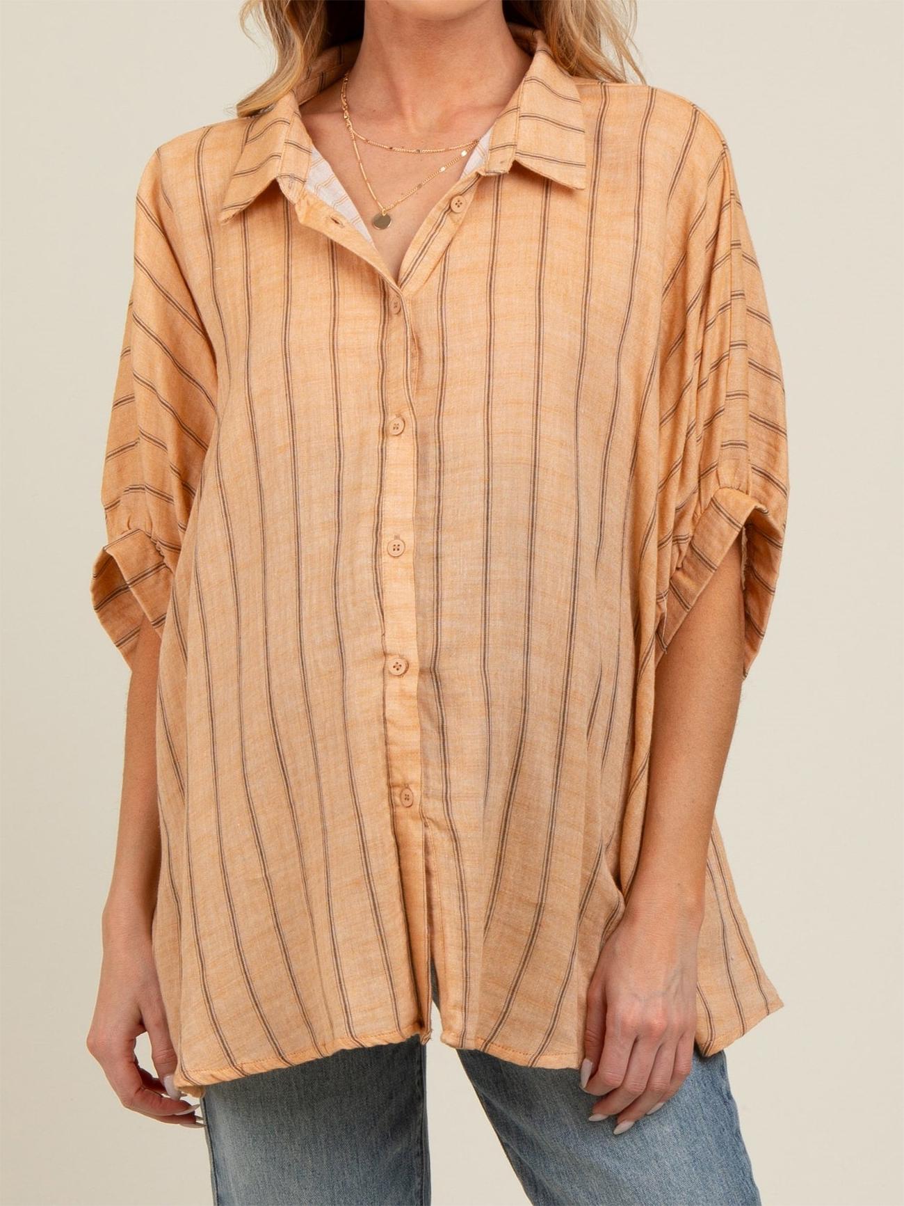 Damen Oversized Gestreiftes Button-Down-Oberteil (2 kaufen, kostenloser Versand)