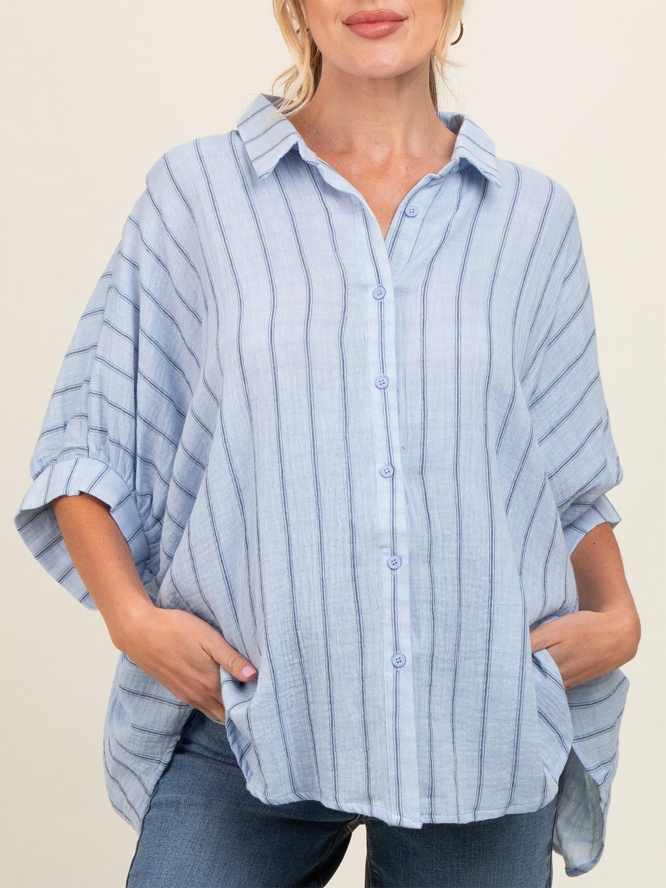Damen Oversized Gestreiftes Button-Down-Oberteil (2 kaufen, kostenloser Versand)