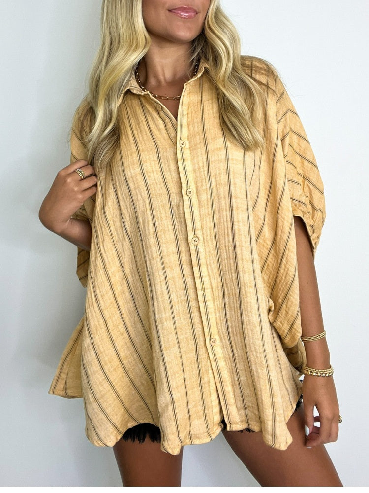 Damen Oversized Gestreiftes Button-Down-Oberteil (2 kaufen, kostenloser Versand)