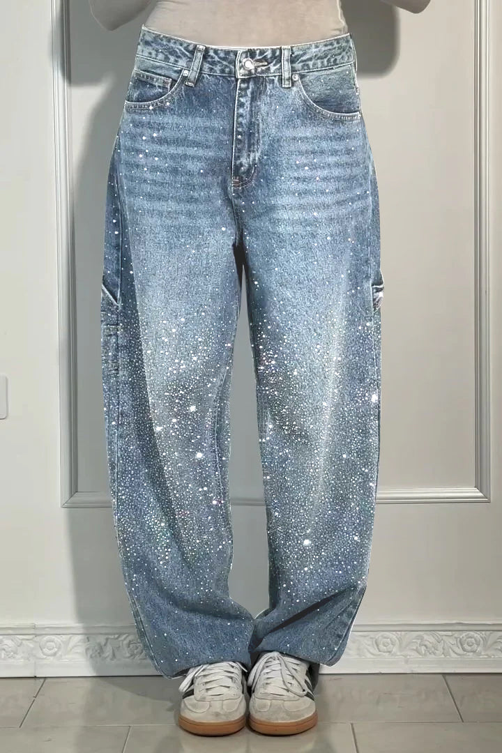 Legere Damen Harem Jeans mit Strasssteinen
