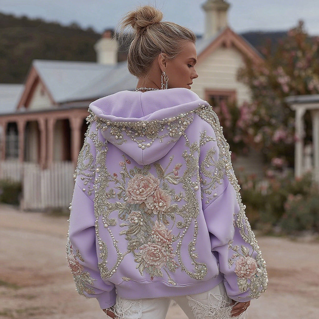 Damen Retro Boho Blumenstickerei Freizeit-Kapuzenpullover