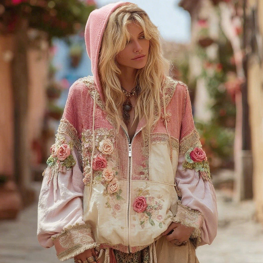 Damen Kapuzenpullover mit Blumenstickerei, Farbblock und Reißverschluss im Boho-Stil
