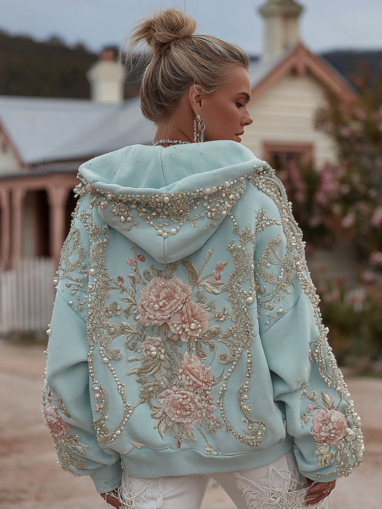Damen Retro Boho Blumenstickerei Freizeit-Kapuzenpullover