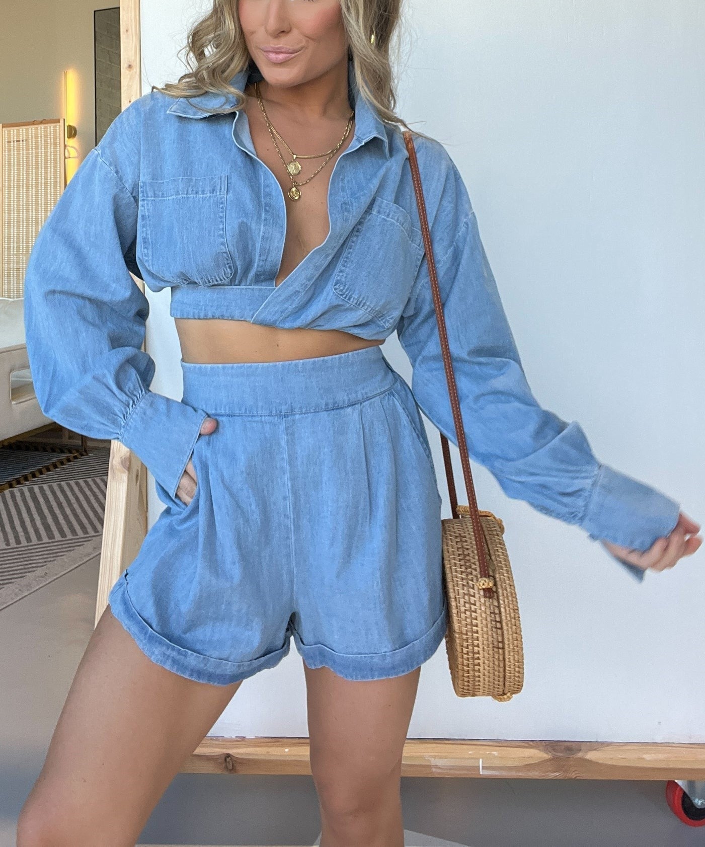 Langarm-Crop-Shirt und Shorts-Jeans-Set (2 kaufen, Versand gratis)