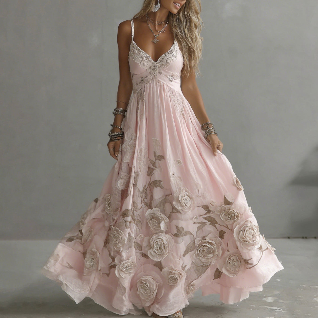 Damen Vintage Rosenstickerei Kunst V-Ausschnitt Träger Maxikleid