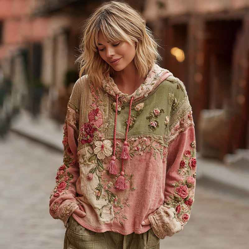 Women's Floral Embroidery Color Block Boho Casual Hooded Sweatshirt