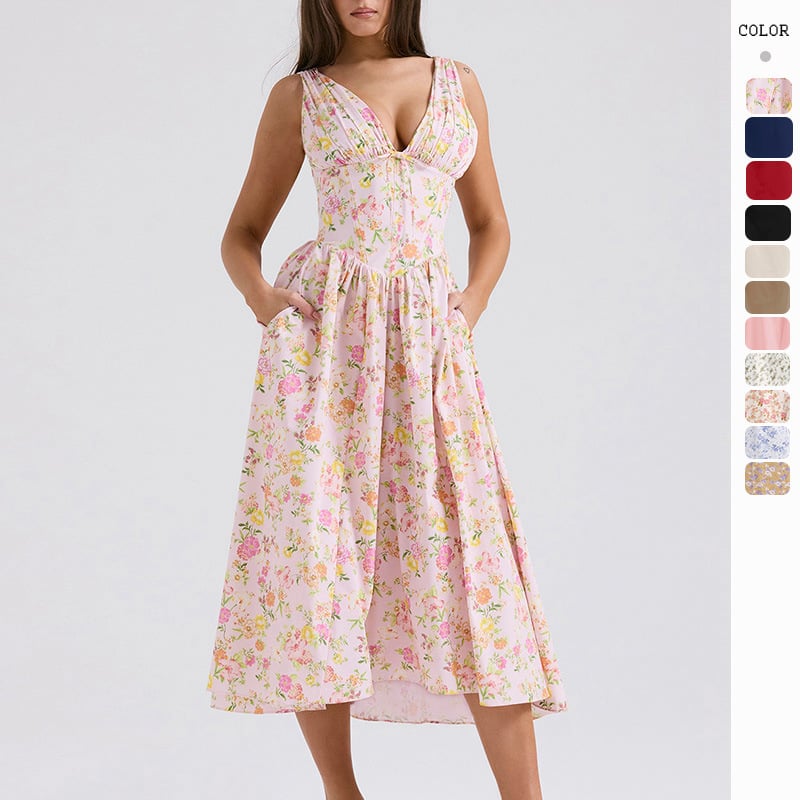 Elegantes V-Ausschnitt Schwingkleid mit Blumenmuster🌺Kaufe 2, versandkostenfrei